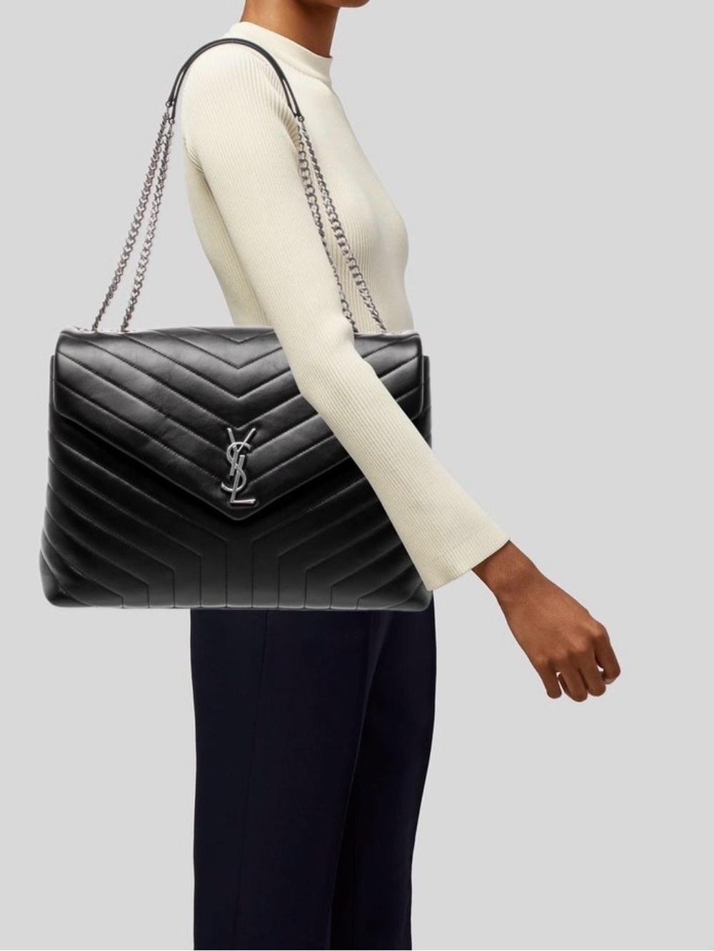 Saint Laurent Black Quilted Chevron YSL Chain Shoulder Bag Large Lou Lou - Picture 3 of 7
